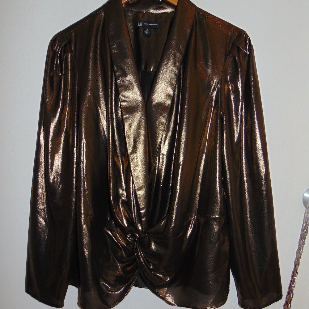 INTERNATIONAL CONCEPTS INC Womens Metallic Gold Twist Hem Pullover Top Party L